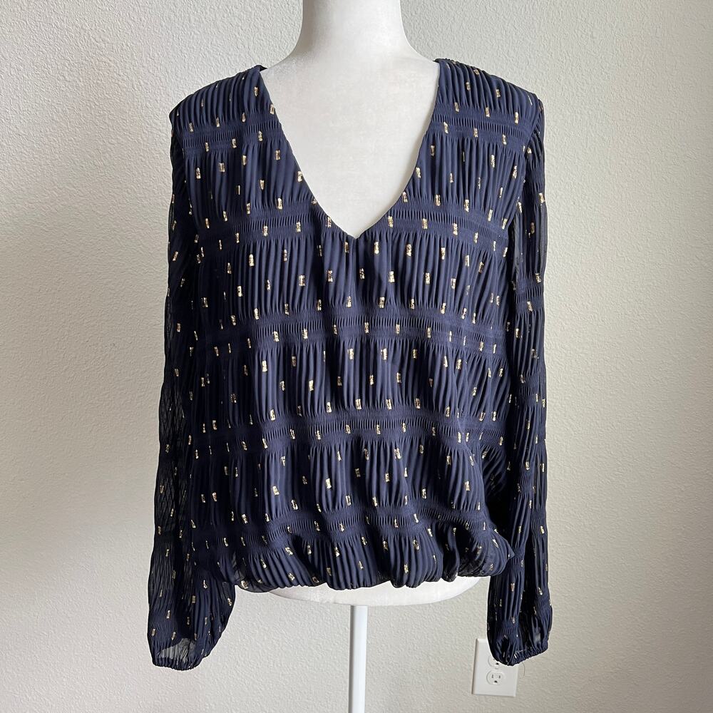 ASTR the Label Navy Blue Gold Metallic Ruched Blouse Women's XL Romantic Glam